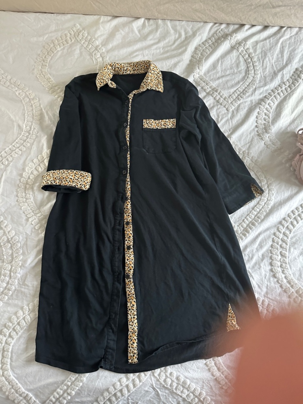 Pajama gram 100% cotton Black Long Button Nightshirt with Leopard-Trim Accents